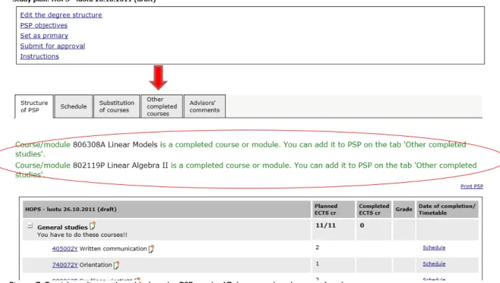Figure 7. Partial credits can be added to the PSP on the ’Other completed courses’ –tab