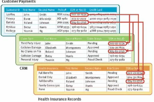 Figure 5. Example of referential integrity. A SSN or National ID links three databases