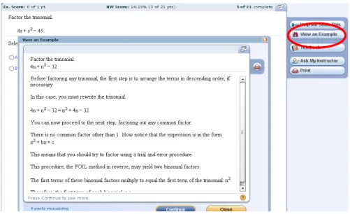 Figure 2 demonstrates the “View an Example” feature that shows students a completely  worked out example of the same type and scope of problem they are attempting to solve