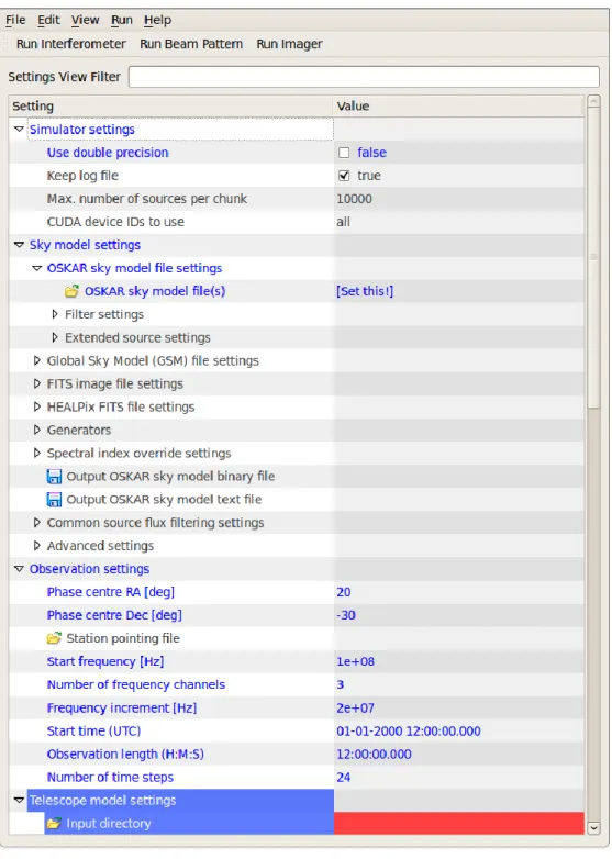 Figure 1: OSKAR GUI with example settings loaded. 