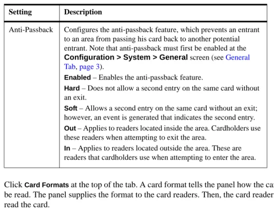 Table 2-4:  Configuration > Doors > Reader Tab Descriptions (continued) Setting Description