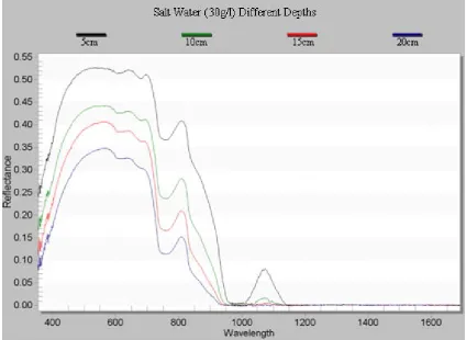 Figure 3.1.5 Reflectance spectra of different depths of salt water (30g/l) (white 