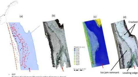 Figure 1. Stages of the process of mapping the Gaula site. Panel (a) shows the position of the drone for each image (crosses) and theground control points (triangles) overlaid on a digital map of the river section