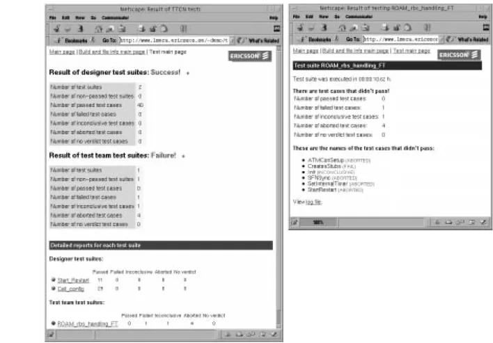Figure 12. The test report pages. The main test page (to the left) contains some statistics divided into designer and test team sections