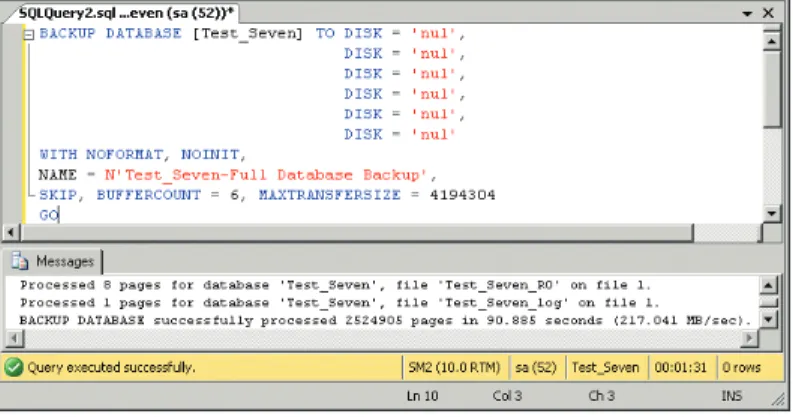 Figure 16: Database backup to multiple null devices. The use of multiple null  disk devices