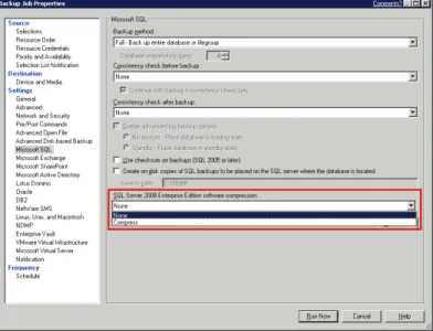 Figure 19: SQL backup parameters – Backup Exec 12.5. Details of the  ability to set MS SQL Server 2008 compression on a “per job” basis with  Backup Exec version 12.5