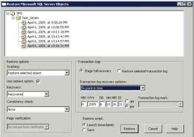 Figure 9: NetBackup MS SQL client restore GUI. In this example a single full  database backup and 5 transaction log backups are available for recovery.