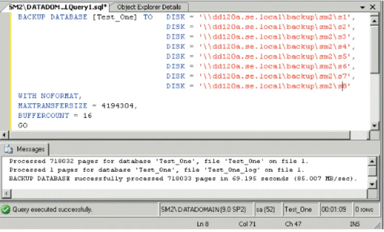 Figure 14: Database backup to a null device – part 1. The results of the query  indicate that the theoretical maximum rate at which the SQL Server backup  function can extract data from this database using a single stripe is  approxi-mately 80 MB/s