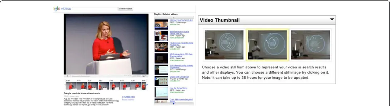 Figure 1 Video-frames are an important part of user navigation within and between videos (left), but the research issue is that content-based techniques produce too many videothumbnails, which might not be representative, because they are selected by the video uploader (right).