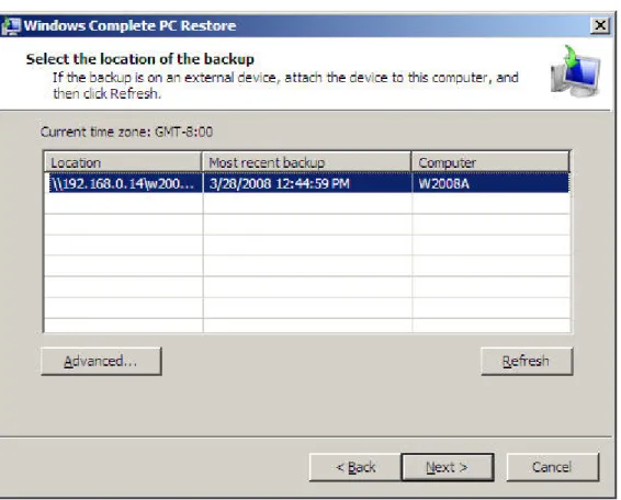 Figure 2: Windows Complete PC Restore successfully connecting to a remote share for backup files