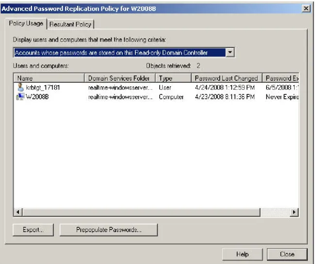 Figure 4: Additional advanced configuration of password replication policy is possible by viewing the  properties of the RODC’s computer object in Active Directory Users and Computers