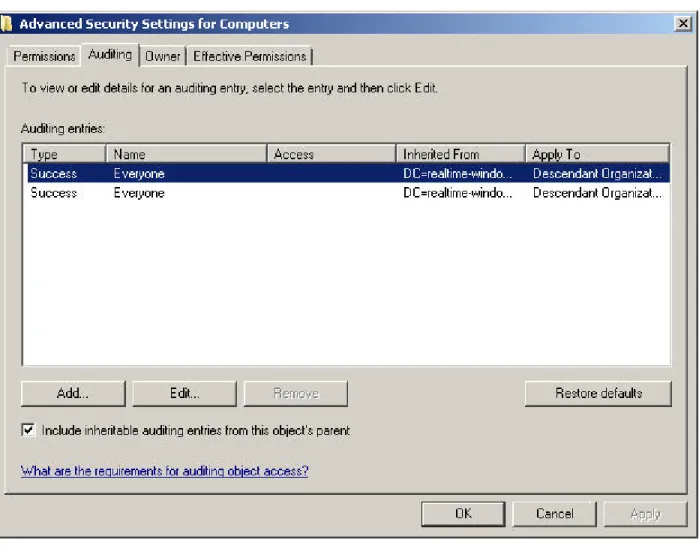 Figure 2: Configuring object-level auditing within Active Directory Users and Computers
