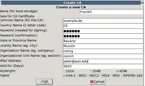 Figure 2: CA cert creation using tinyca2