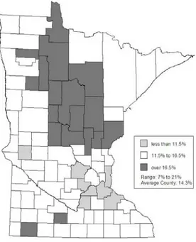 Figure 2 shows the percent of returns on which the credit was claimed by county; this ranged  from 7.1 percent of all returns in Carver County in the metropolitan area, to 20.8 percent of all  returns in Wadena County in north central Minnesota