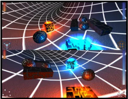 Figure 1: A screenshot of the final version of Titor’s equilibrium, representing two infested hosts, a red and a blue one, plus some arena junks