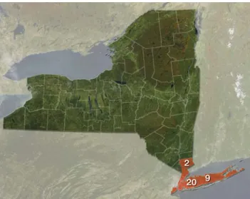 Figure 11.11b Numbers of mosquito samples testing  positive for West Nile virus, New York State, 2008 