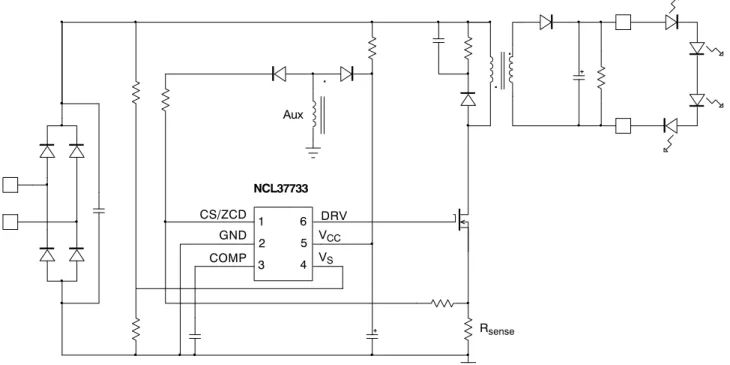 Figure 1. Typical Application Schematic in a Flyback Converter..Aux.NCL37733123654DRVGNDCS/ZCDCOMPVCCVSRsense