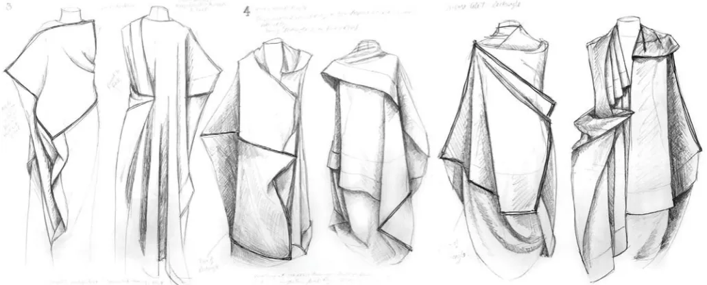 Figure 14 (top) Workbook sketches of 3-D ‘rectangle’ toile in viscose georgette draped on dress form