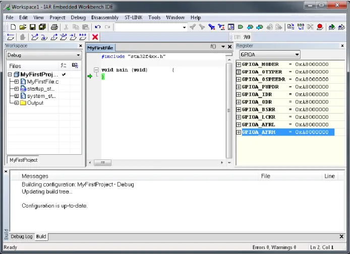 Figure 3.16 gives an example of the IAR Embedded Workbench in the debug mode showing the  project window (where green arrow is used to point to the line to be executed when simulation is  started) and register window (showing the content of register associ