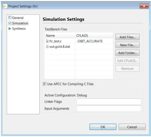 Figure 3-36 shows the settings for the CFLAGS to synthesize the design using  bit-accurate types.