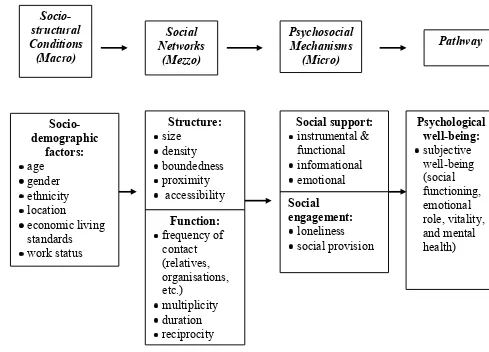 Figure 1. Conceptual model linking social support to health outlining socio-structural conditions that shape social networks which provide opportunities for psychosocial mechanisms which in turn impact on well-being