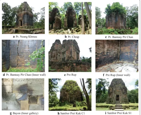 Fig. 2 Photographs showing blackening suspected to be from manganese oxide precipitates on the surfaces of construction materials in the Khmer temples at the following sites: a Neang Khmau, b Chrap, c Banteay Pir Chan, d Banteay Pir Chan (inner wall), e Pre Rup, f Pre Rup (inner wall), g Bayon (inner gallery), h the tower C1 at the Sambor Prei Kuk monuments, and i the tower S1 at the Sambor Prei Kuk monuments