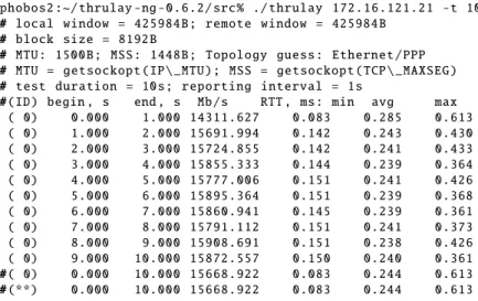 Figure 3.1: Thrulay example output: TCP bulk transfer test