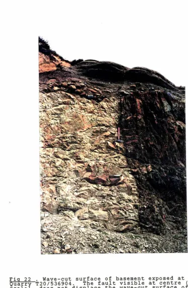Fig 22 . Wave-cut surface of basement exposed at the Westlawn Quarrr T20/536904. The fault visible at centre (hammer for 