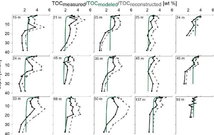 Figure  1:  TOC  (solid  black  line),  TOC modeled   (solid  green  line),  and  TOC reconstructed   (grey  dashed  line)