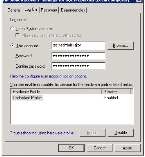 Figure 6 HP 3PAR Recovery Manager for SQL Properties Account