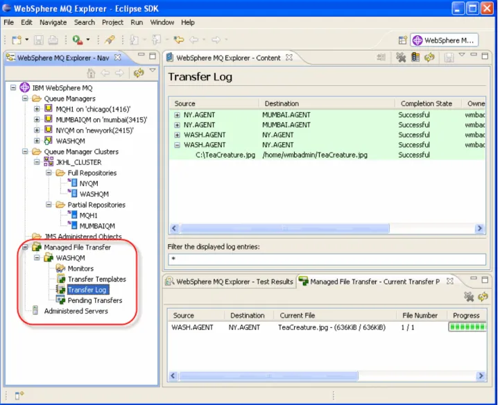 Figure 4 shows the WebSphere MQ Explorer with the WebSphere MQ File Transfer Edition  plug-in installed.