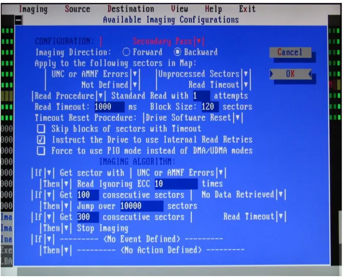 Figure 5: A DeepSpar Disk Imager dialog box showing configurable parameters of the imaging algorithm
