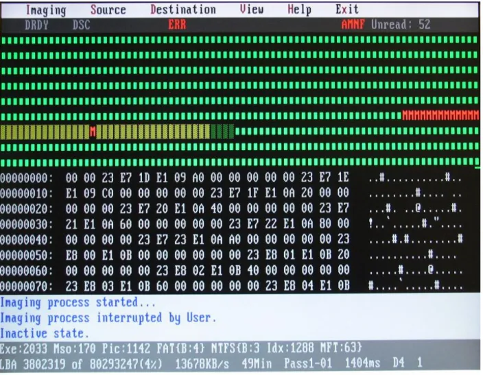 Figure 6: Typical main screen during the imaging process. The top status bar shows the status of recently accessed  sectors: read successfully, skipped, and errors, if any