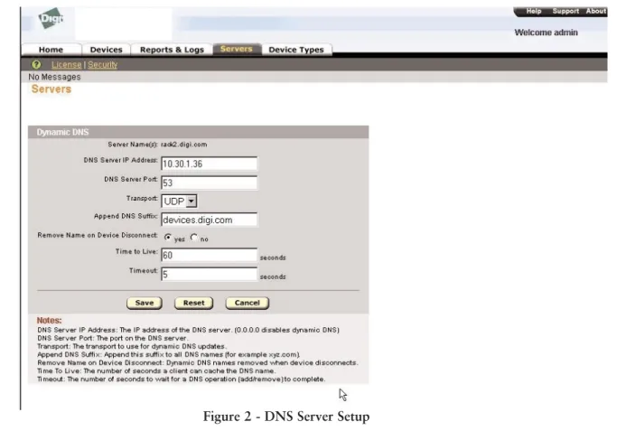 Figure 2 shows the Digi Connectware Manager DNS setup page. This page defines the connection parameters between the DNS server and Digi Connectware Manager