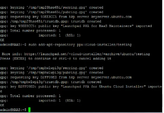 Figure 8: Adding repositories and installing packages for MAAS. 