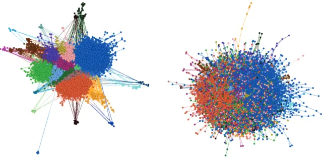 Figure 1.3: Left: The community construct of a network. Right: The observed network.