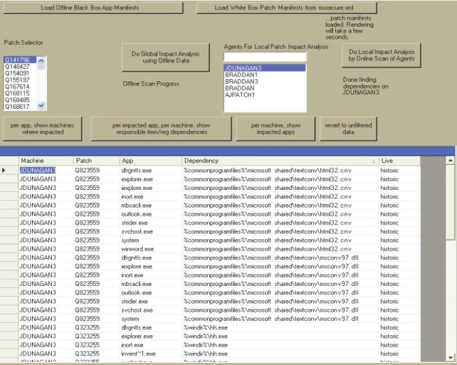 Figure 4: Screenshot of UI for Pre-Patch Impact Analysis Component. The top row of buttons is for loading application  and patch manifests
