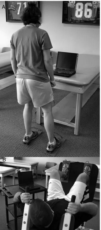 FIGURE 1. Exercises such as a weight shift (Figure 1A) and leg press (Figure 1B) performed on a force platform (Balance Trainer; Unicam Corporation, Ramsey, NJ) that can measure the amount of weight distribution between each extremity.