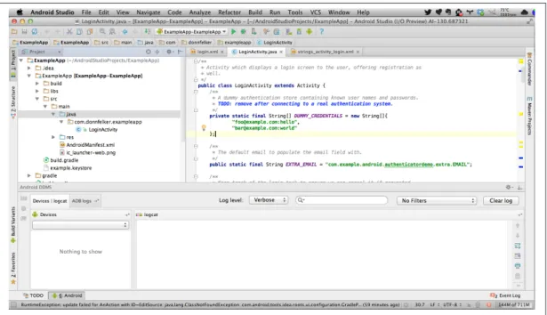 Figure 6-1. Android Studio with the Editor, Project, and Android panels