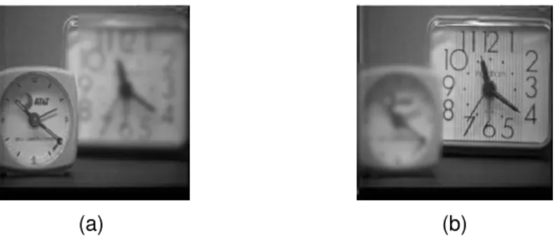 Figure 3.4: Source images ‘clock’: (a) image with focus on the small clock, (b) image with focus on the big clock
