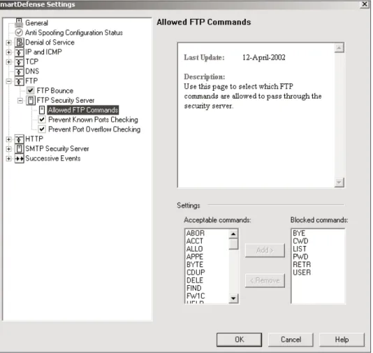 Figure 9.21 SmartDefense Settings, Allowed FTP Commands frame