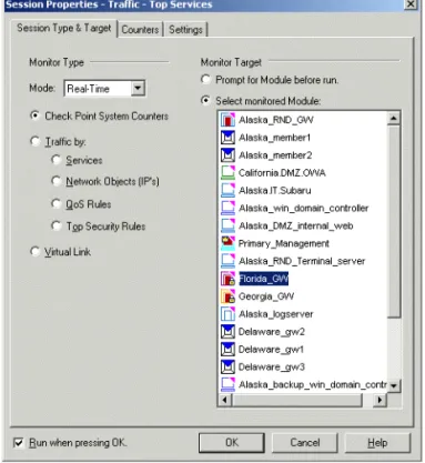 FIGURE 3-1 Session Properties window — Session Type tab (Check Point System Counters)