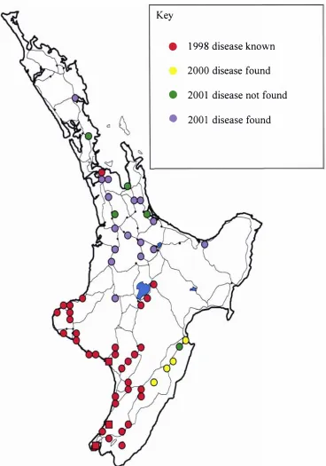 Figure 3.4 years. points are indicative of site only. Areas north of Whangarei and the east coast around Gisbome were Distribution o f  C