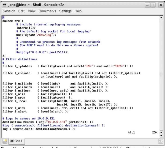Figure 10: syslog­ng.conf to send all events to Zenoss system at 10.0.0.131 (no filtering active)