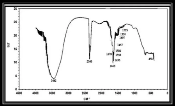 Fig. 5: FT-IR spectra recorded with synthesized silver nanoparticles. 