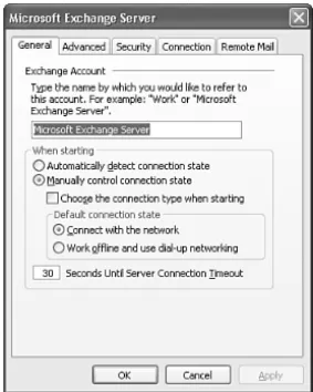 Figure 30.9 Use the Microsoft Exchange Server  dia-log box to configure Outlook startup options.