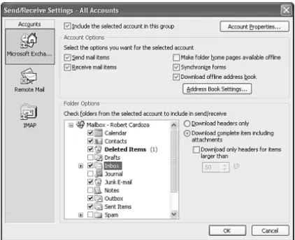 Figure 30.11 You can customize which folders are available offline by using send/receive groups.