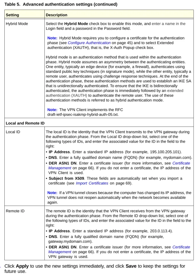 Table 5.  Advanced authentication settings (continued)