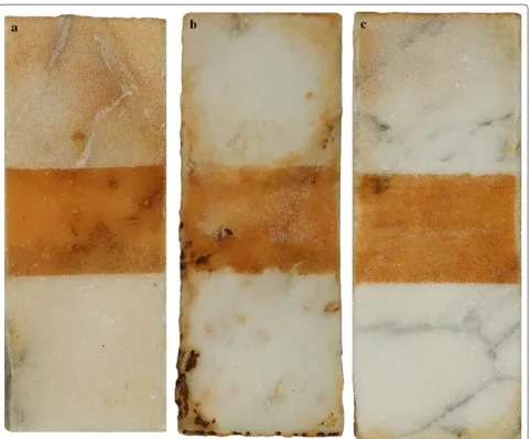 Fig. 3 Cleaning with poultice. Result of cleaning experiment with two different poultices on the three different types of Carrara marble