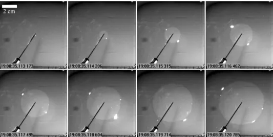 Figure 1. The bursting of a soap ﬁlm. Times are indicated in each frame. The sequence lasts approximately 7.6 ms.